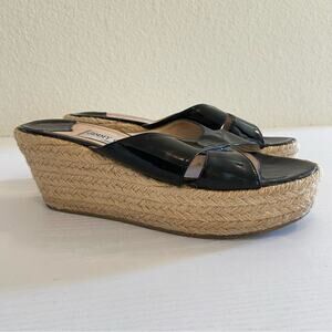 Jimmy Choo Black Patent Leather “Paisley” Espadrille Wedges Platform Sandals
